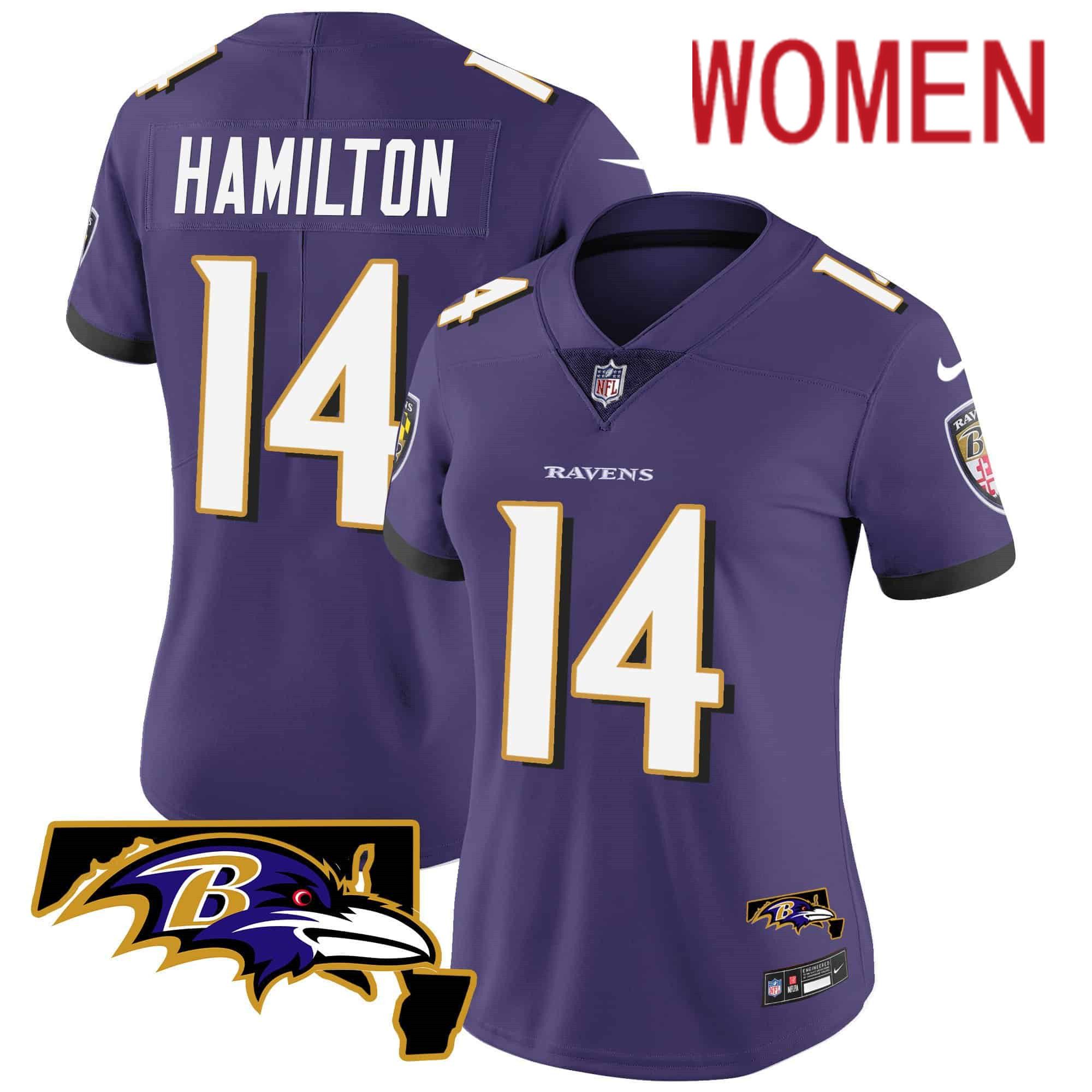 Women Baltimore Ravens #14 Hamilton Purple 2024 Nike Maryland Patch Vapor Limited NFL Jersey style 1->customized nfl jersey->Custom Jersey